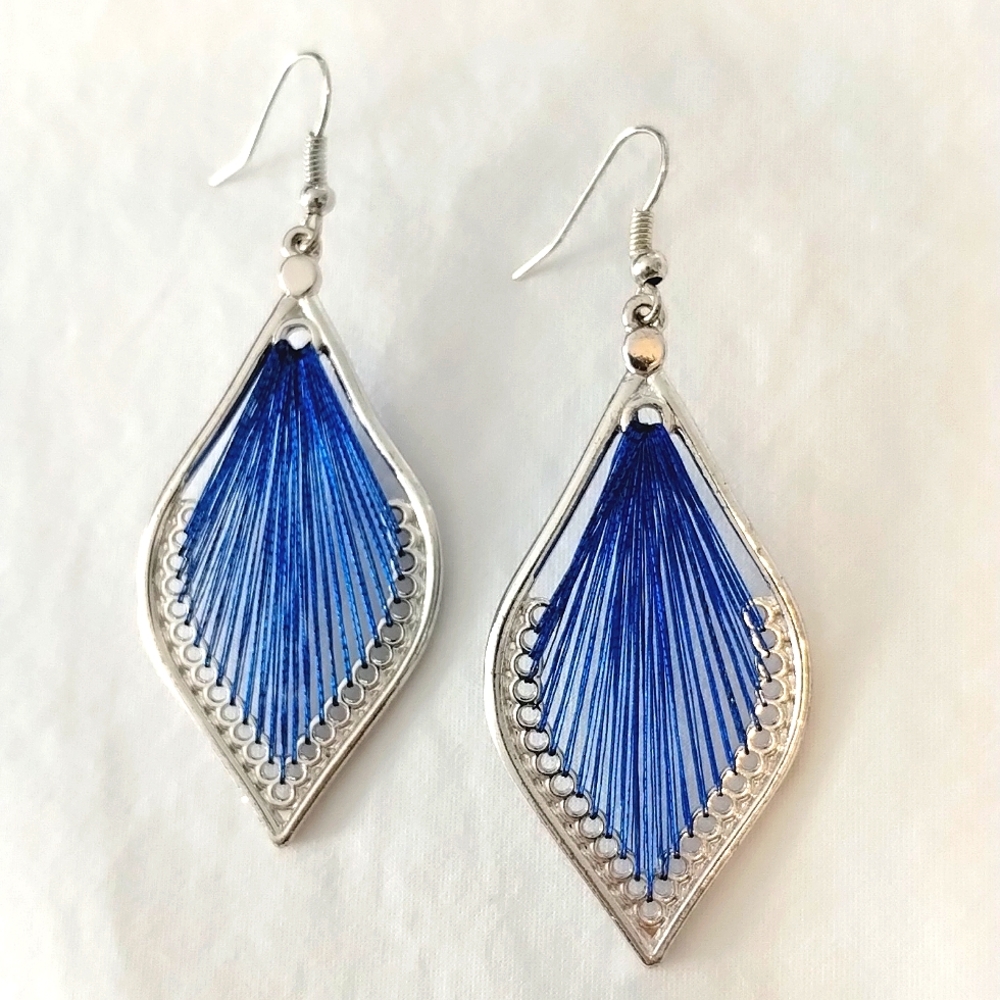 Bohemian Earrings, Blue and Silver Boho, Leaf, Guitar String
